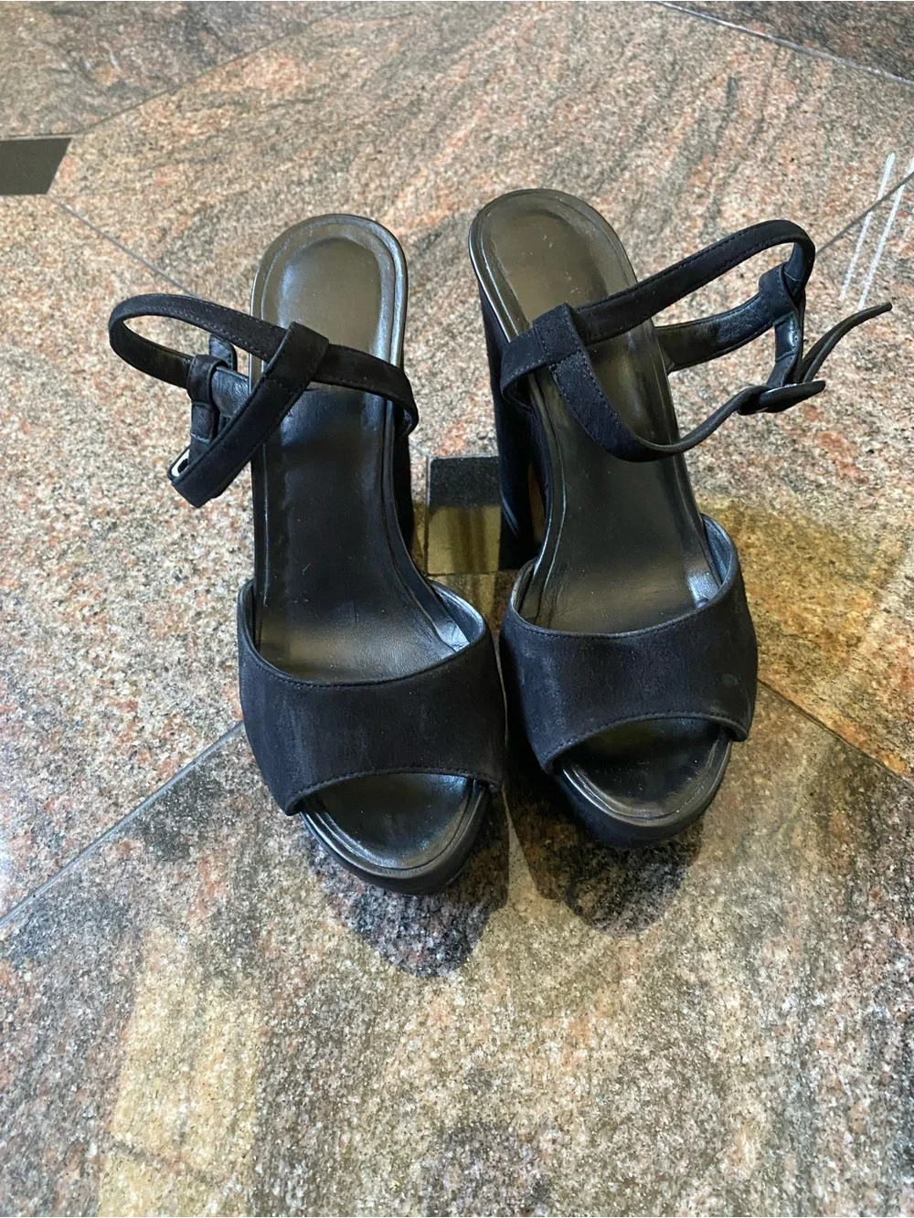 L Silla Black Suede Platform Block Heel Sandals, Size 8